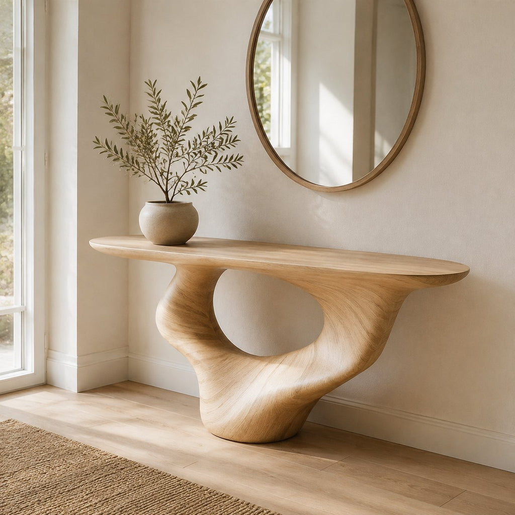 Solid Wood Sculptural Console Table with Flowing Pedestal Base for Entryway