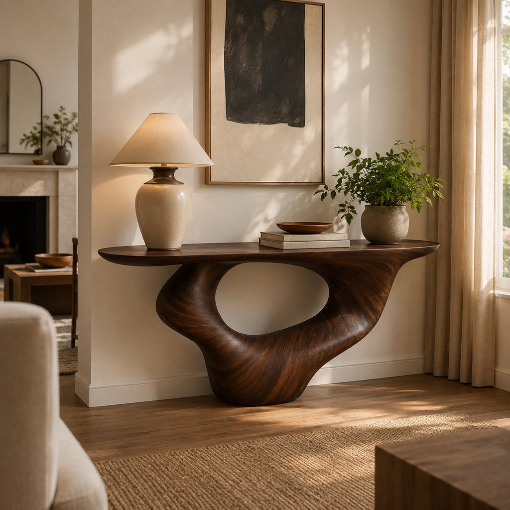 Solid Wood Sculptural Console Table with Flowing Pedestal Base for Entryway