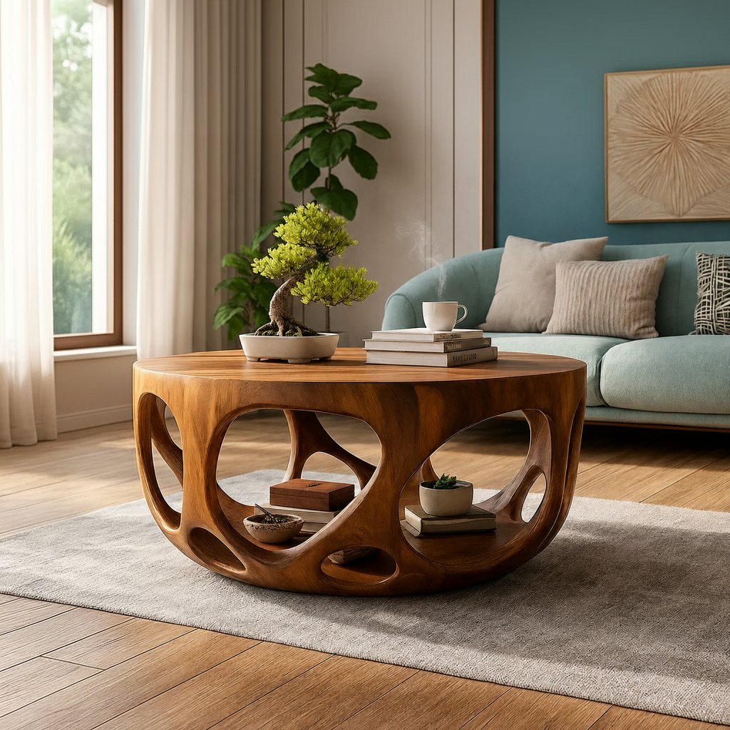 Solid Wood Round Coffee Table with Carved Openwork Base for Living Room