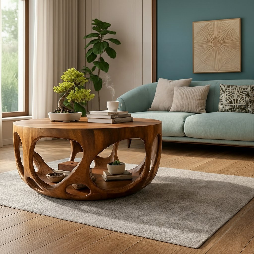 Solid Wood Round Coffee Table with Carved Openwork Base for Living Room