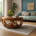 Solid Wood Round Coffee Table with Carved Openwork Base for Living Room