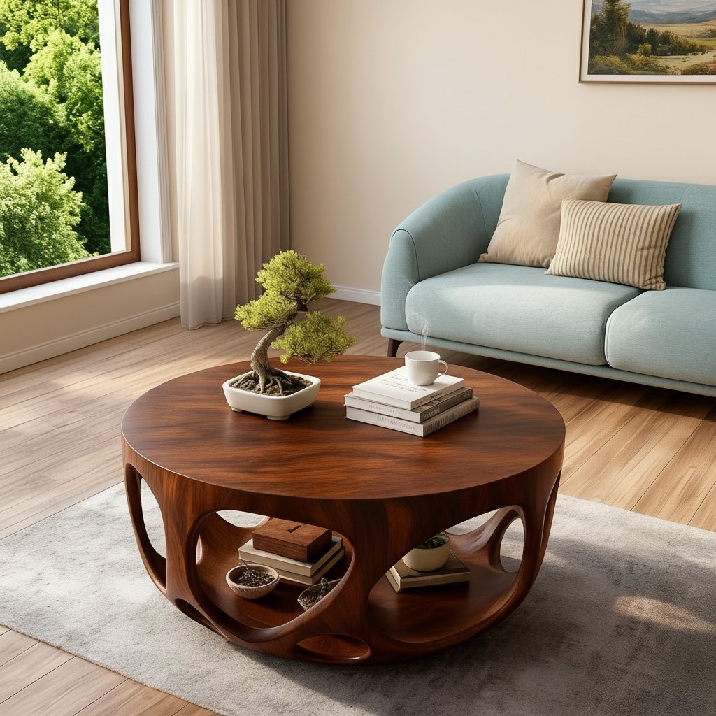 Solid Wood Round Coffee Table with Carved Openwork Base for Living Room