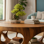 Solid Wood Round Coffee Table with Carved Openwork Base for Living Room