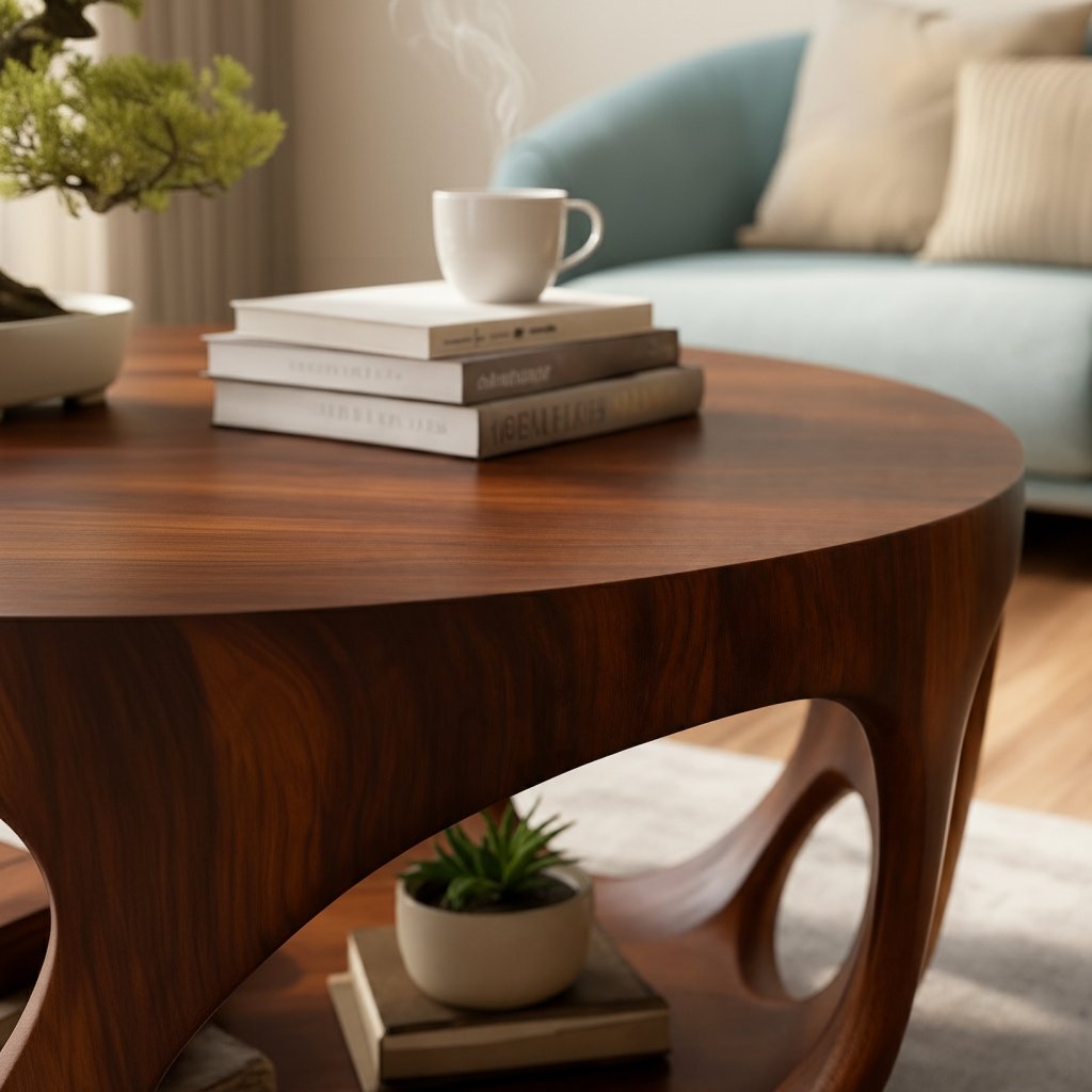 Solid Wood Round Coffee Table with Carved Openwork Base for Living Room