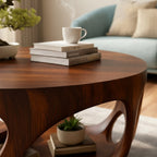 Solid Wood Round Coffee Table with Carved Openwork Base for Living Room
