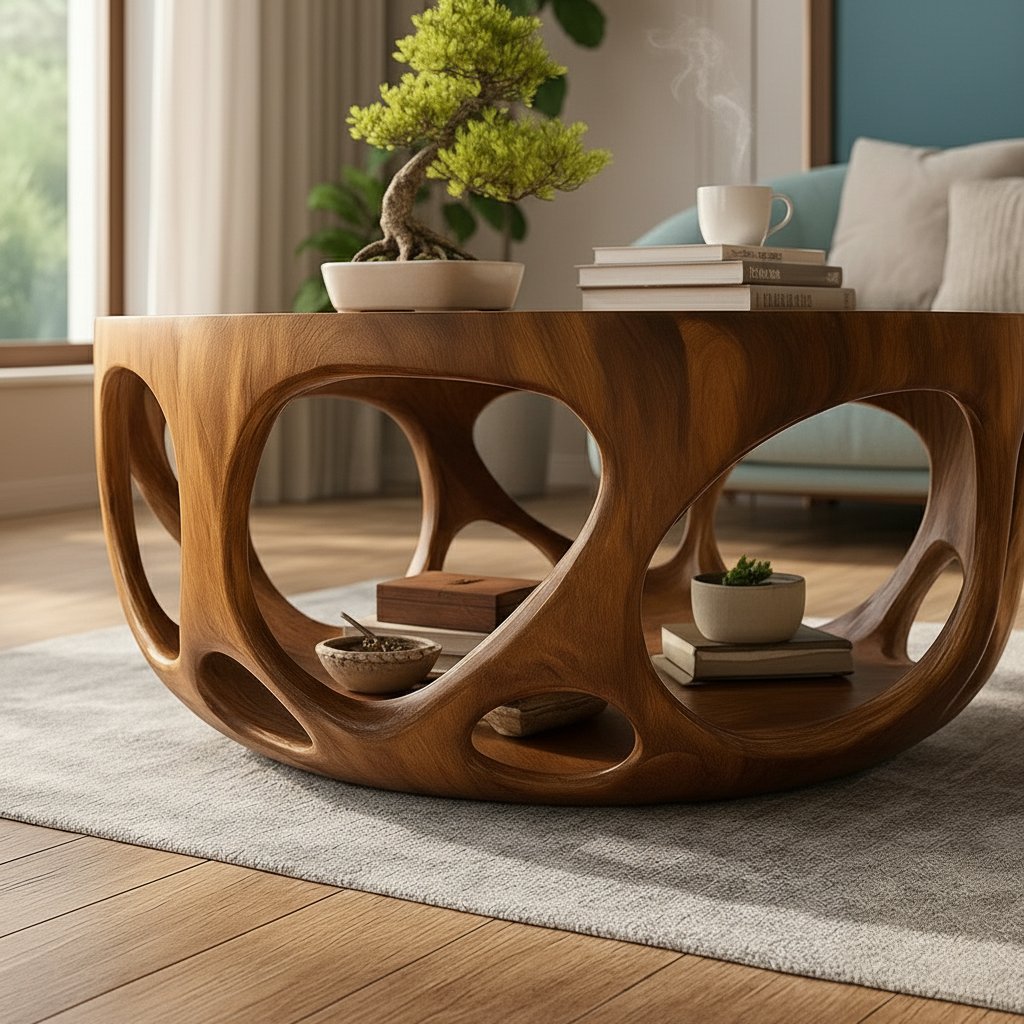 Solid Wood Round Coffee Table with Carved Openwork Base for Living Room