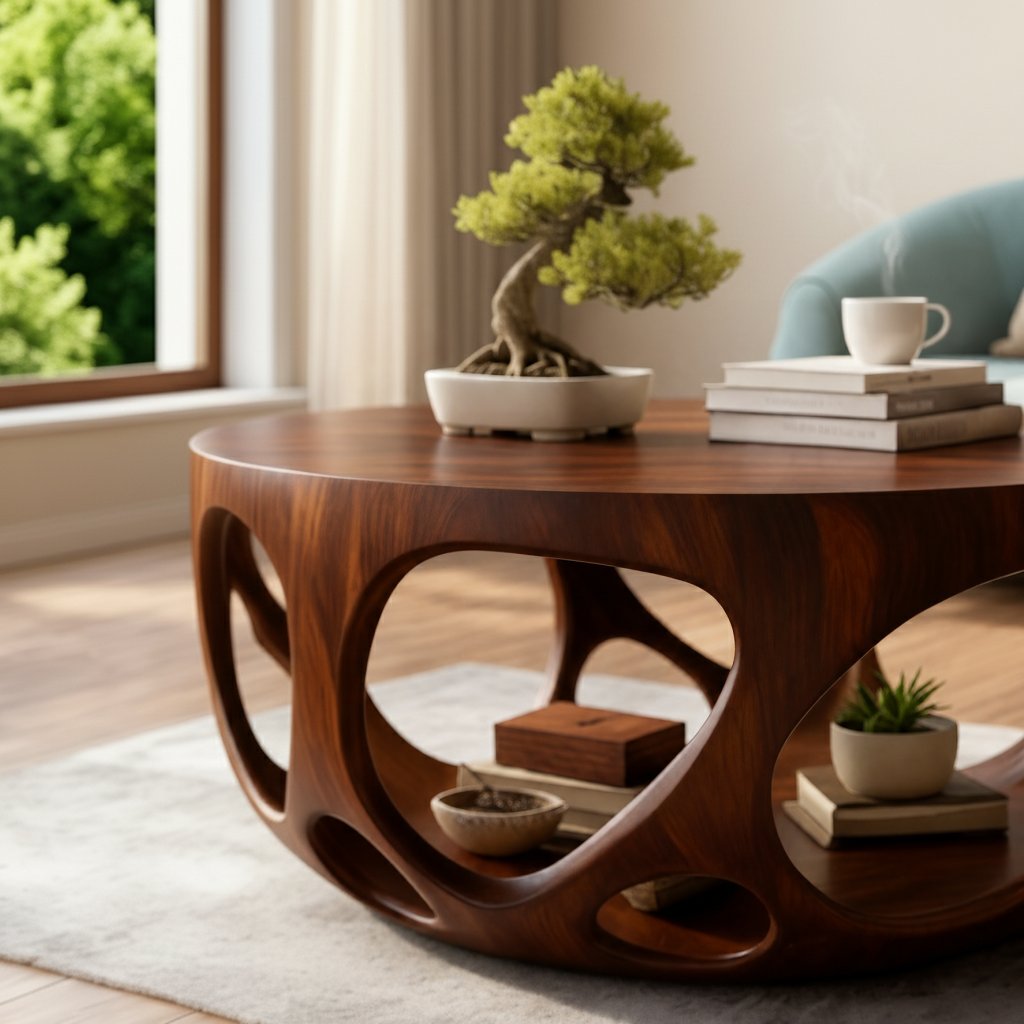 Solid Wood Round Coffee Table with Carved Openwork Base for Living Room