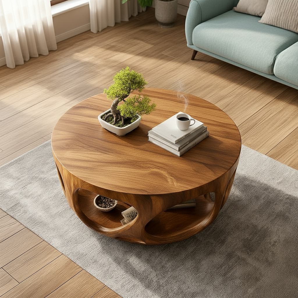 Solid Wood Round Coffee Table with Carved Openwork Base for Living Room
