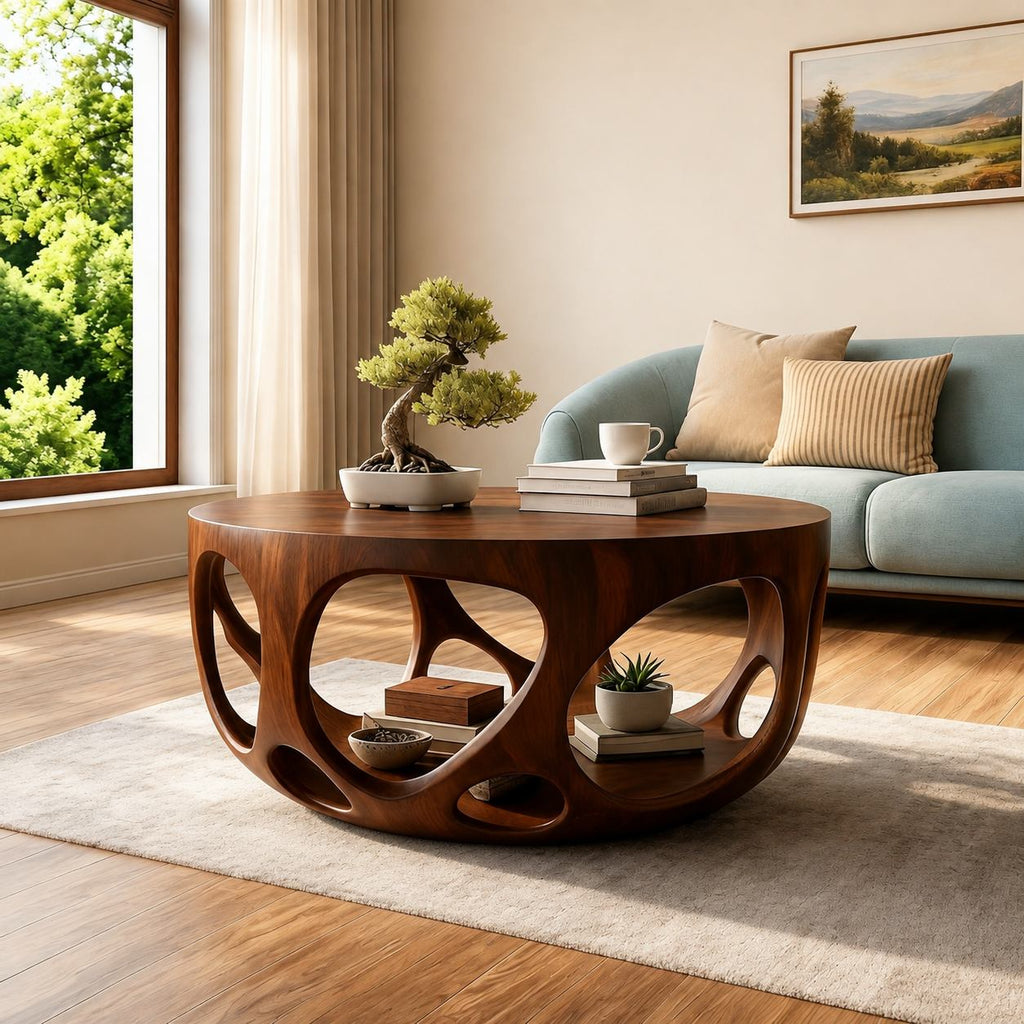 Solid Wood Round Coffee Table with Carved Openwork Base for Living Room