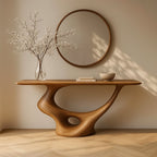 Solid Wood Sculptural Wall Console Table with Curved Base for Entryway