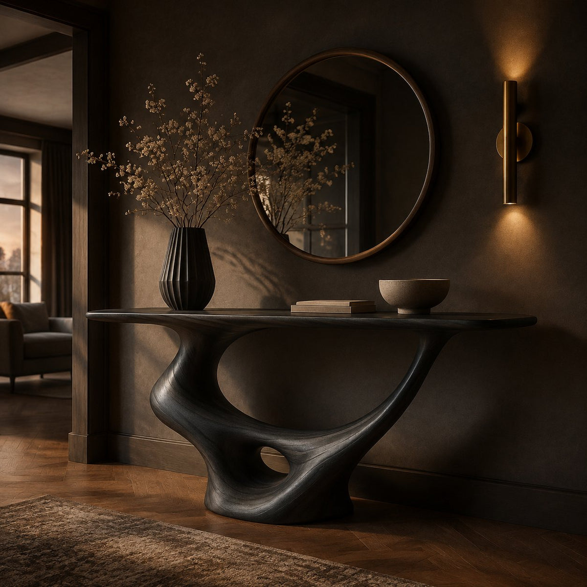 Solid Wood Sculptural Wall Console Table with Curved Base for Entryway