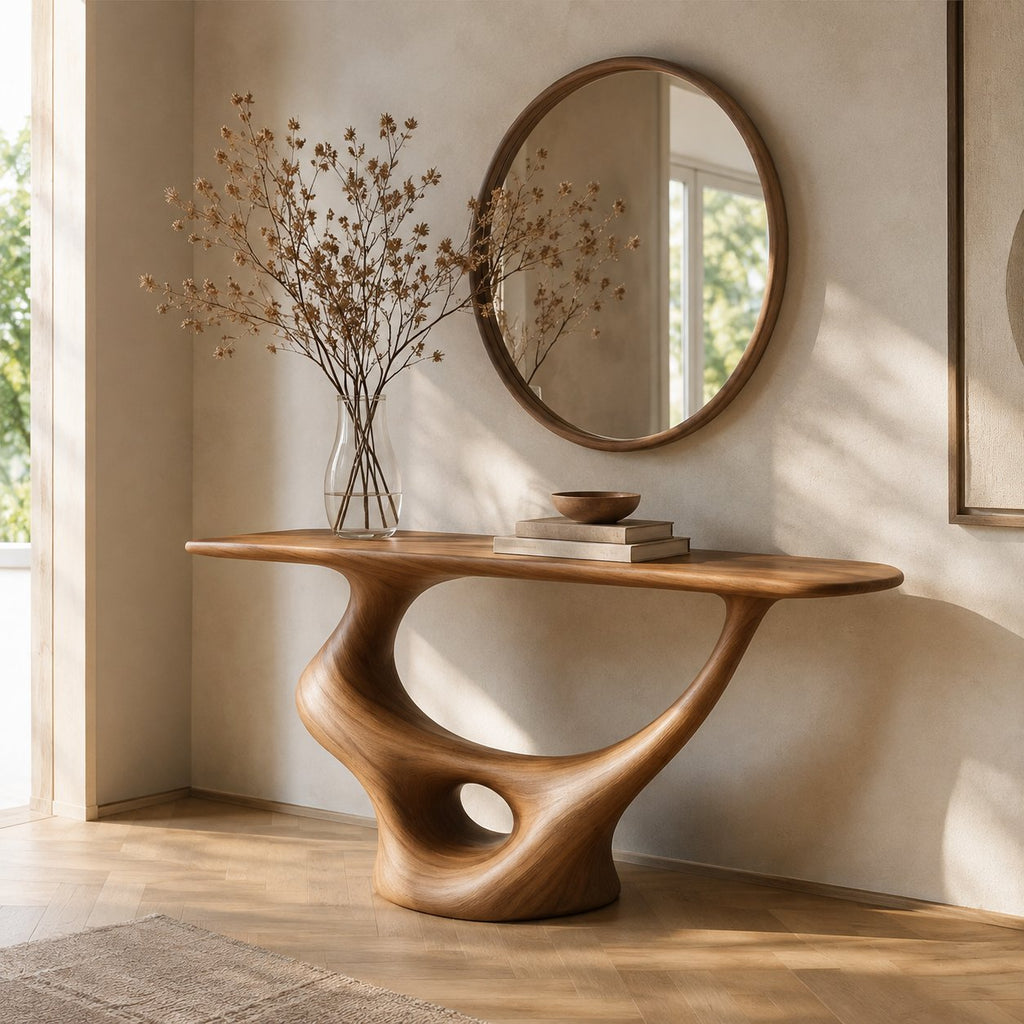 Solid Wood Sculptural Wall Console Table with Curved Base for Entryway