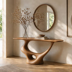 Solid Wood Sculptural Wall Console Table with Curved Base for Entryway