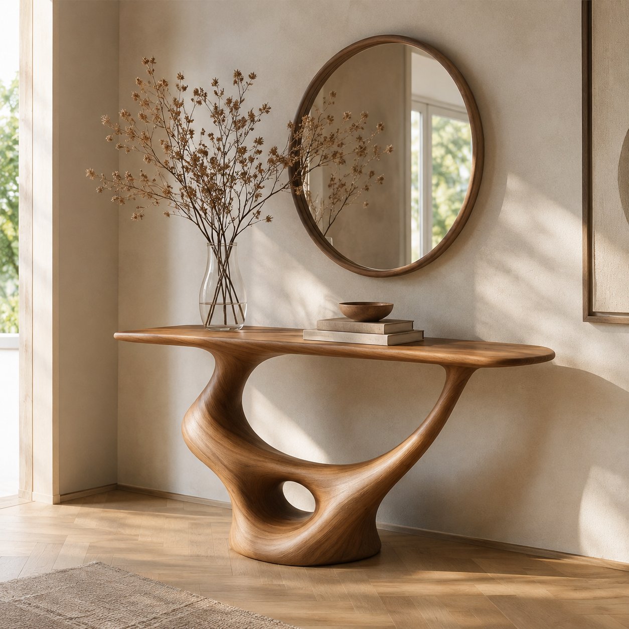 Solid Wood Sculptural Wall Console Table with Curved Base for Entryway