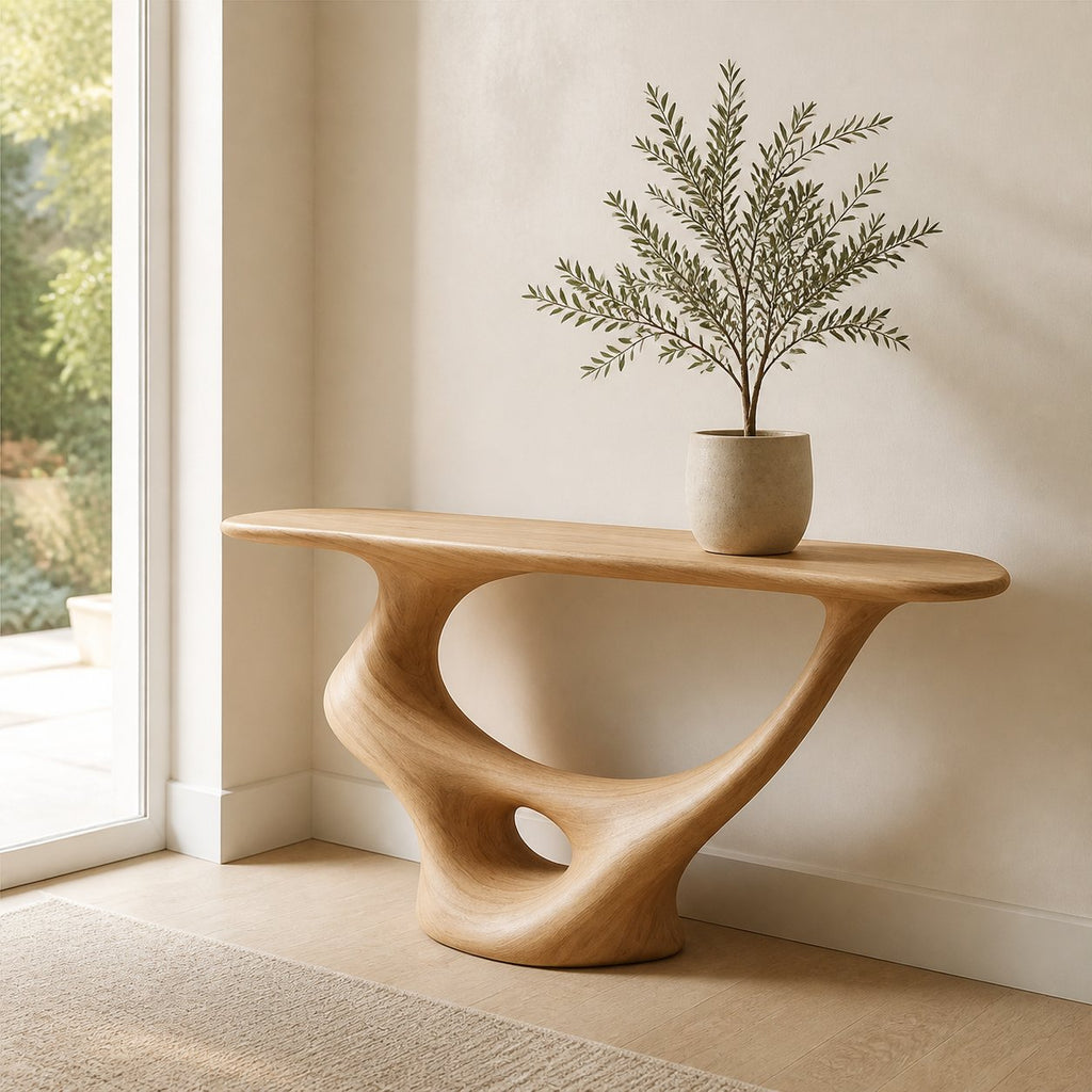 Solid Wood Sculptural Wall Console Table with Curved Base for Entryway