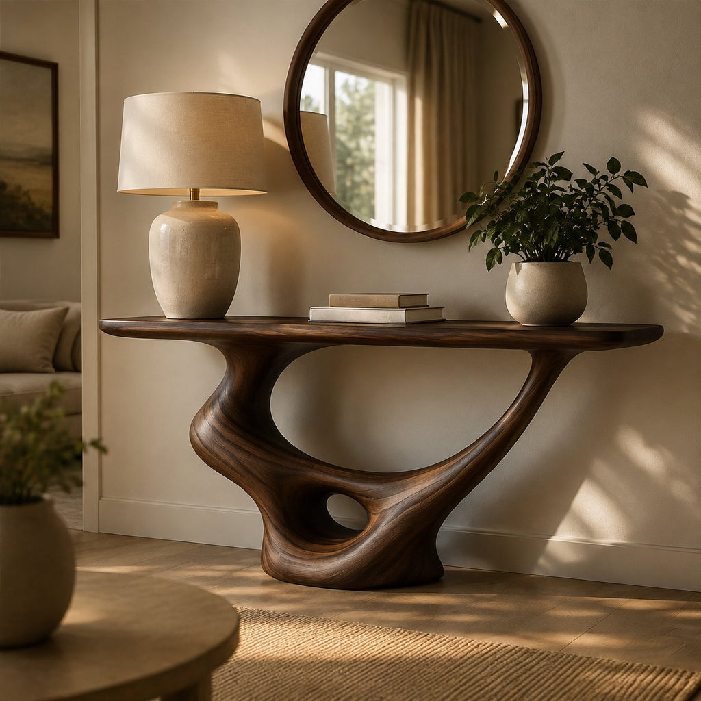 Solid Wood Sculptural Wall Console Table with Curved Base for Entryway