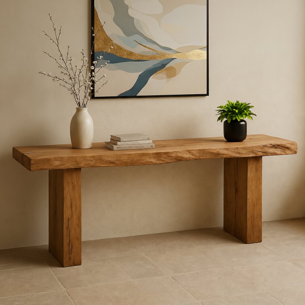 Solid Wood Chunky Live-Edge Console Table with Thick Slab Top for Entryway