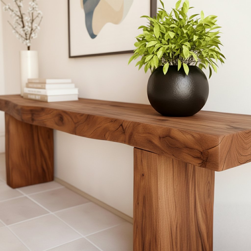 Solid Wood Chunky Live-Edge Console Table with Thick Slab Top for Entryway