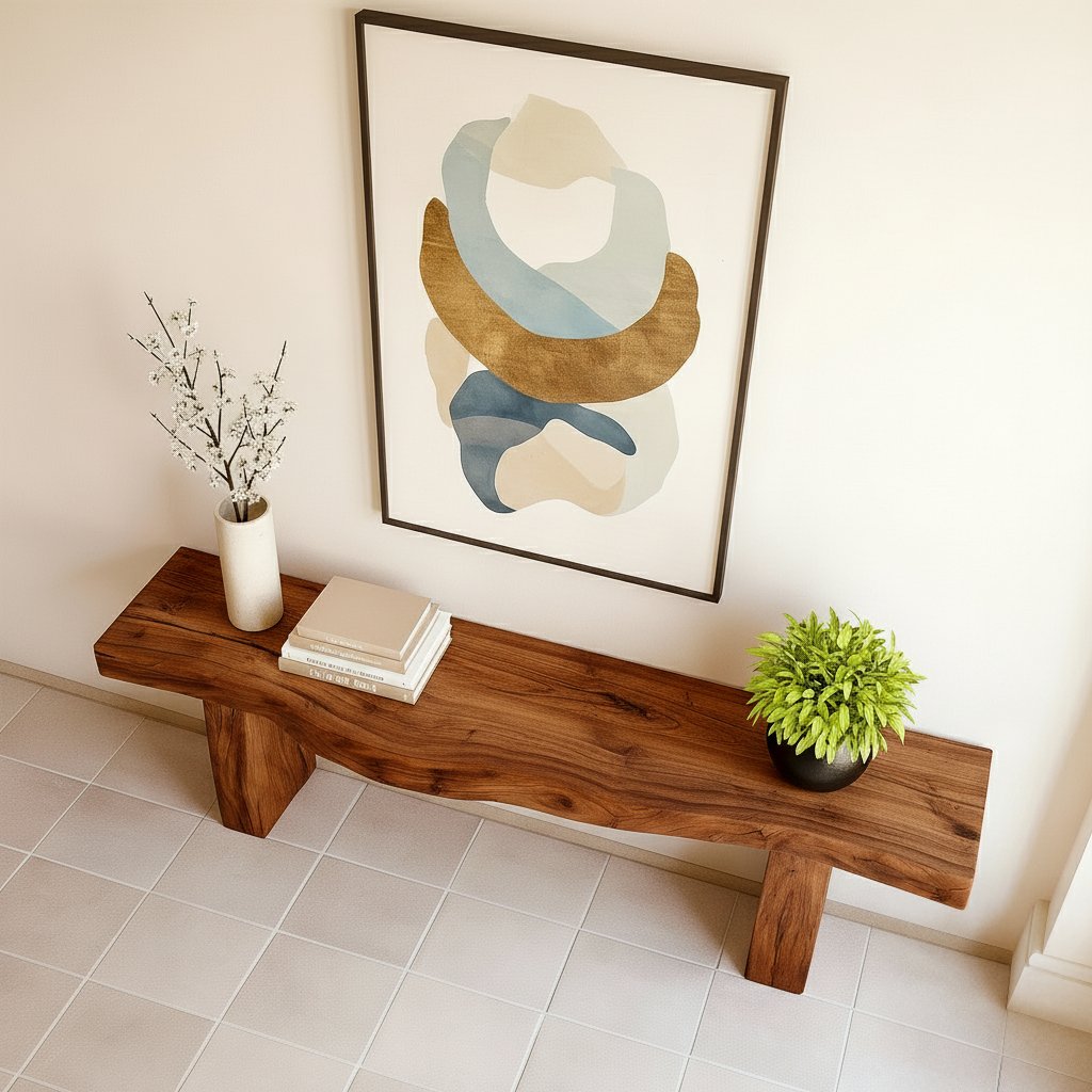 Solid Wood Chunky Live-Edge Console Table with Thick Slab Top for Entryway