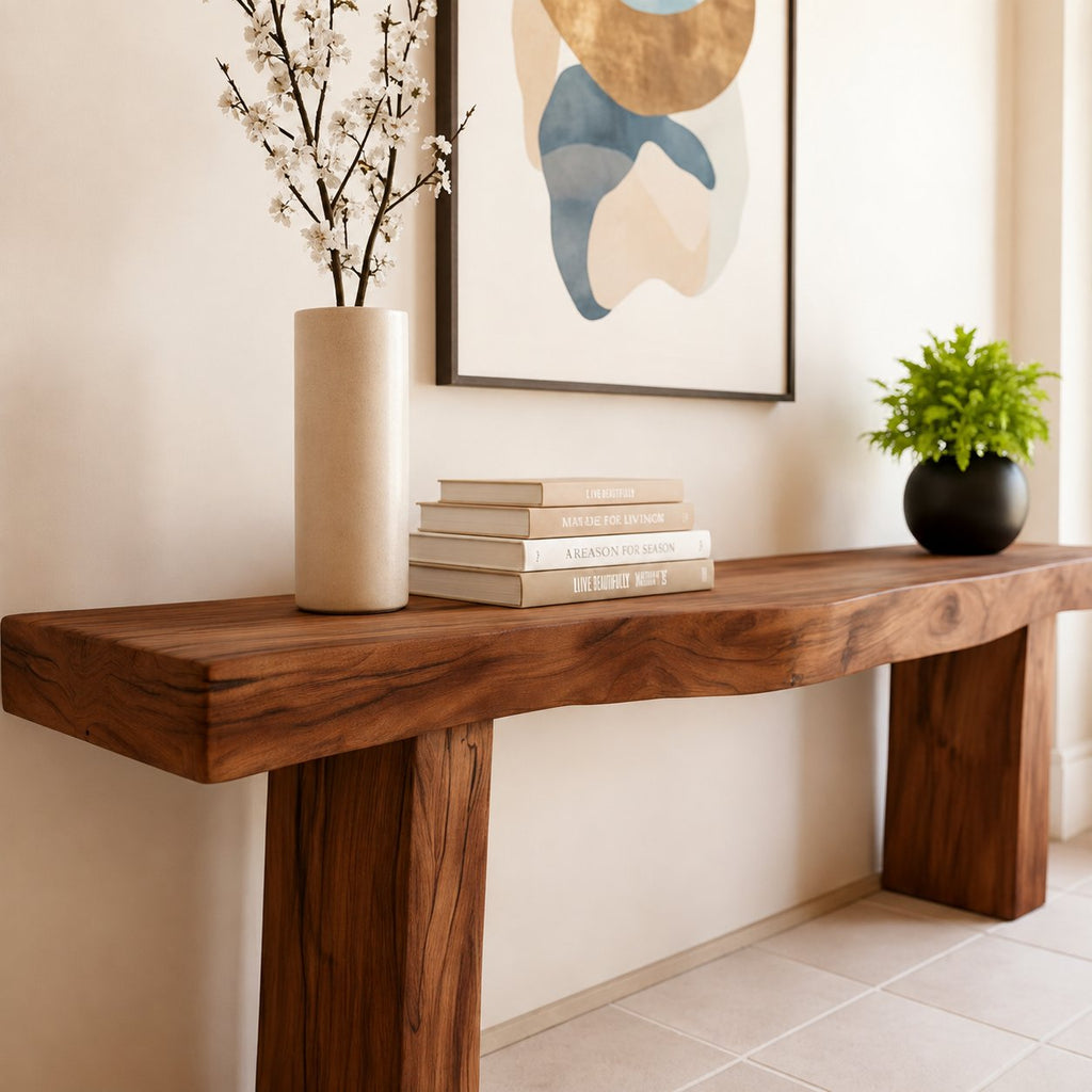 Solid Wood Chunky Live-Edge Console Table with Thick Slab Top for Entryway