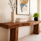Solid Wood Chunky Live-Edge Console Table with Thick Slab Top for Entryway