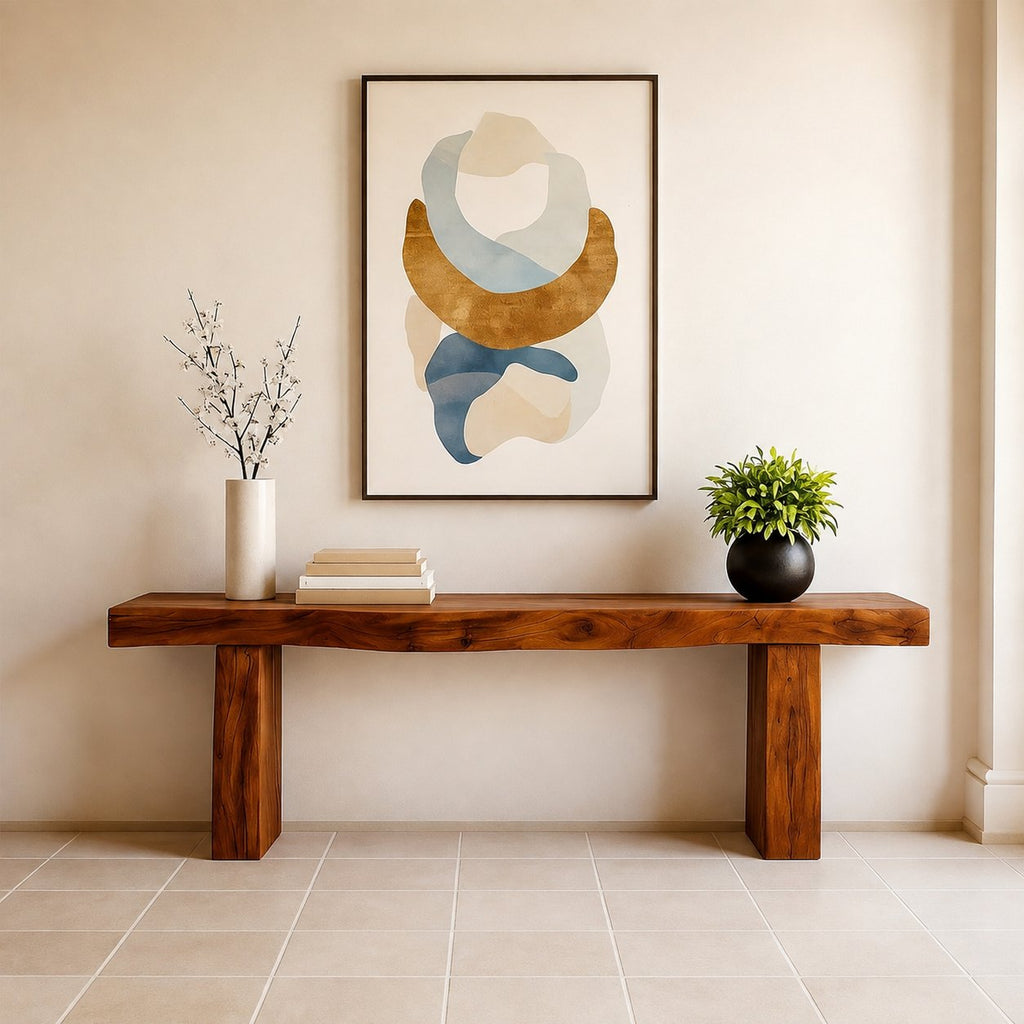 Solid Wood Chunky Live-Edge Console Table with Thick Slab Top for Entryway