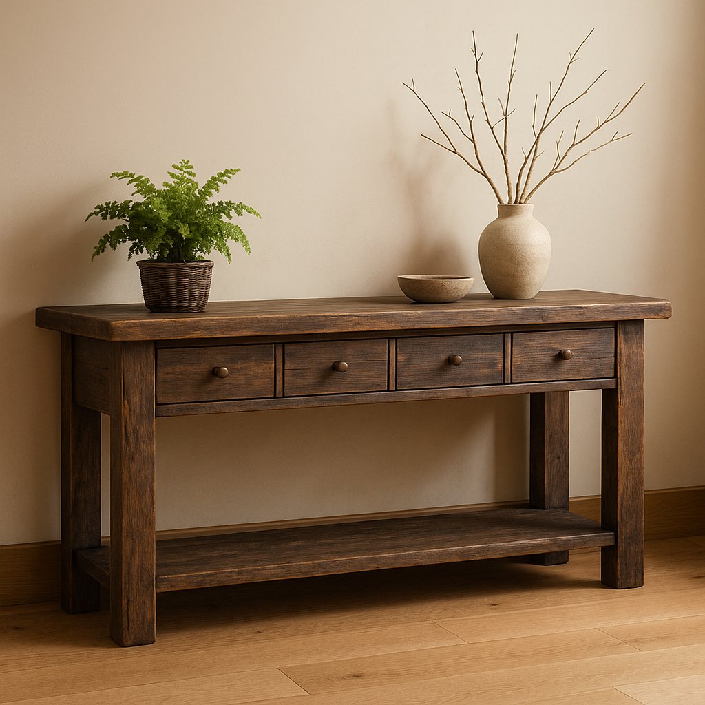 Solid Wood Rustic Console Table with Drawers and Shelf for Entryway Storage