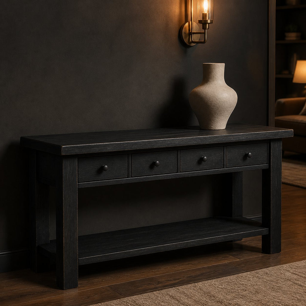 Solid Wood Rustic Console Table with Drawers and Shelf for Entryway Storage