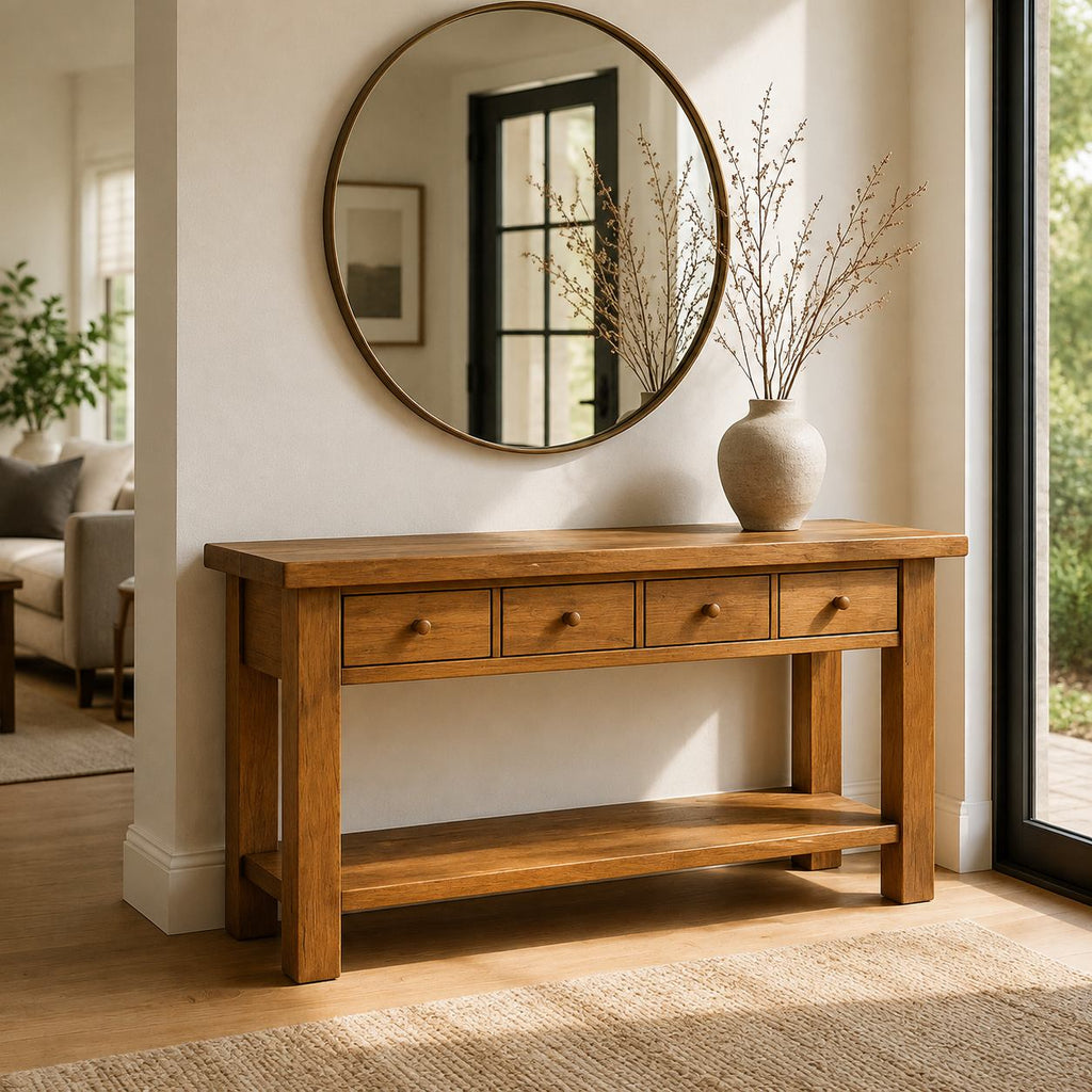 Solid Wood Rustic Console Table with Drawers and Shelf for Entryway Storage