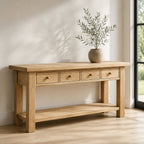 Solid Wood Rustic Console Table with Drawers and Shelf for Entryway Storage