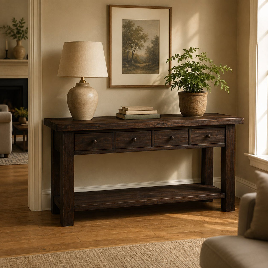Solid Wood Rustic Console Table with Drawers and Shelf for Entryway Storage