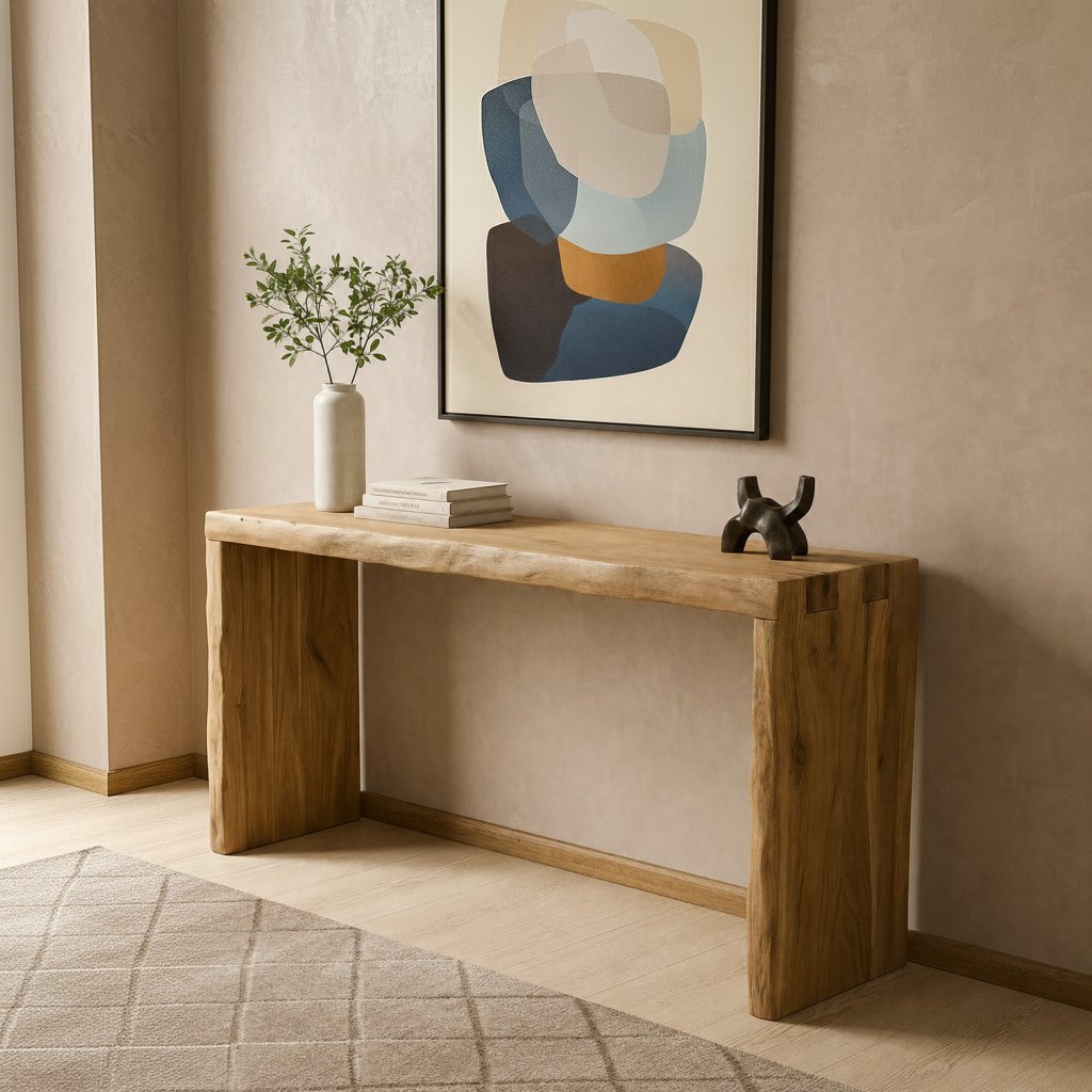 Solid Wood Minimalist Waterfall Console Table with Slab Legs for Entryway