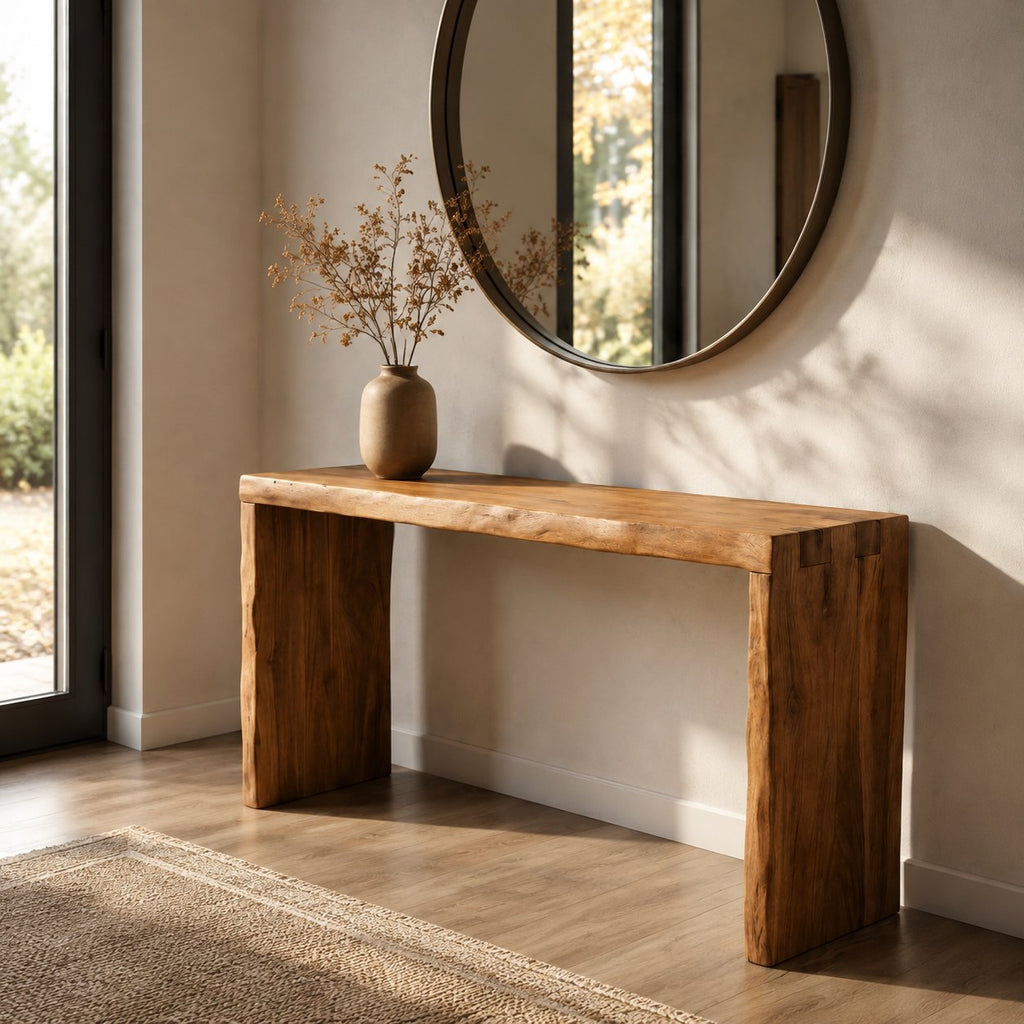 Solid Wood Minimalist Waterfall Console Table with Slab Legs for Entryway