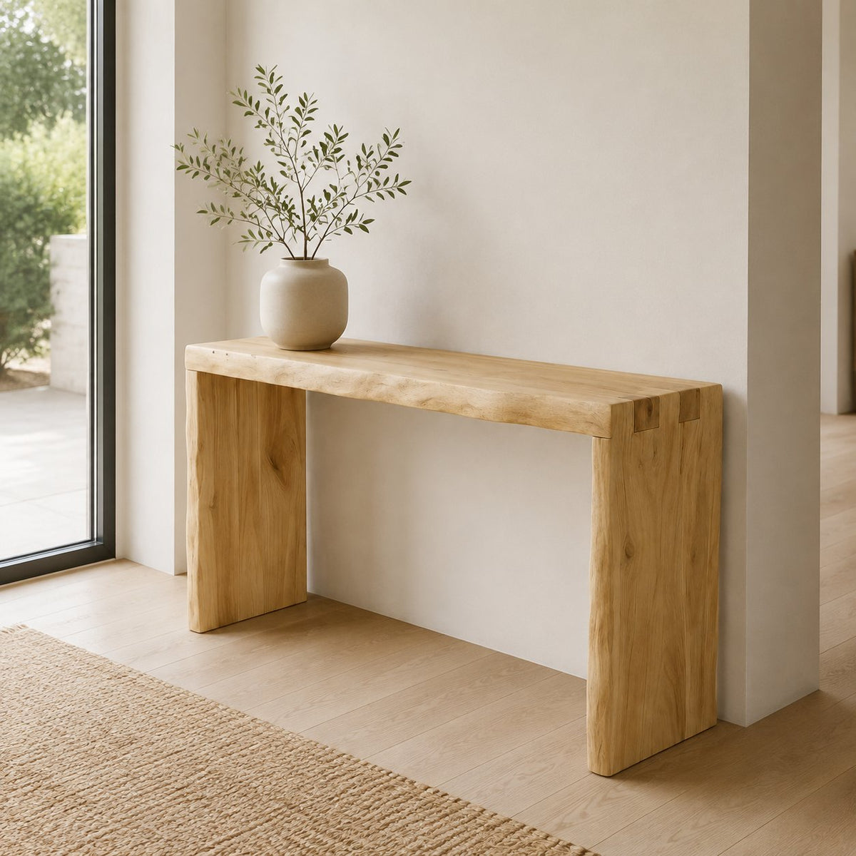 Solid Wood Minimalist Waterfall Console Table with Slab Legs for Entryway