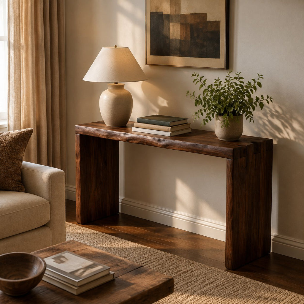 Solid Wood Minimalist Waterfall Console Table with Slab Legs for Entryway