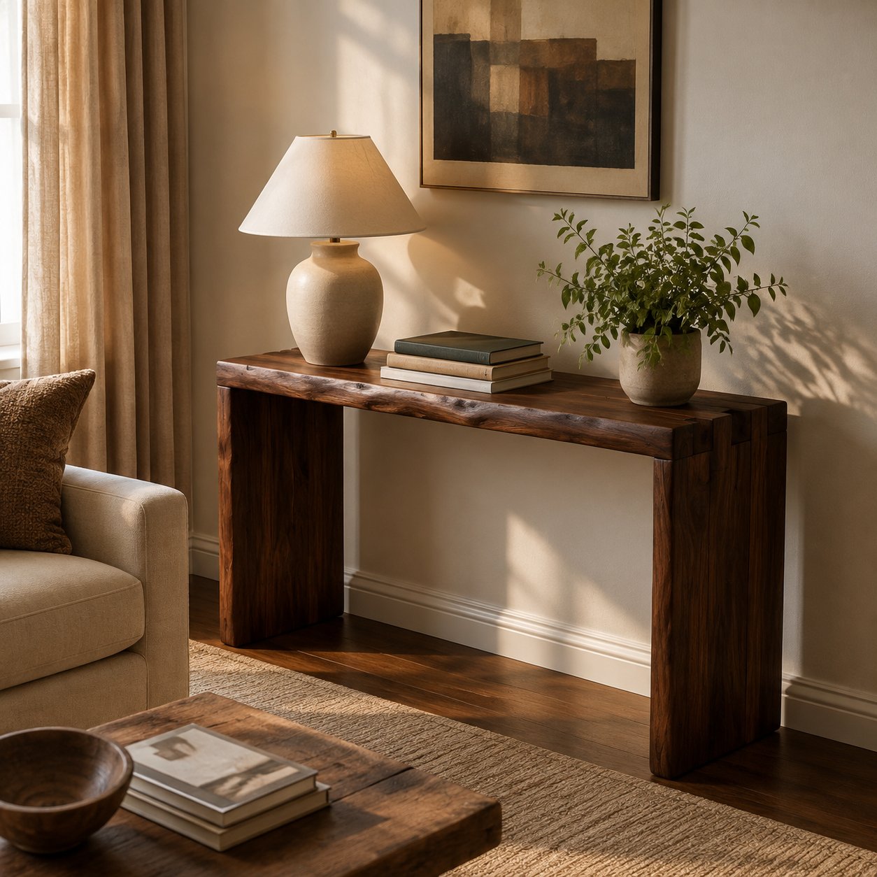 Solid Wood Minimalist Waterfall Console Table with Slab Legs for Entryway