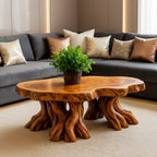 Solid Wood Live-Edge Coffee Table on Natural Root Base for Living Room