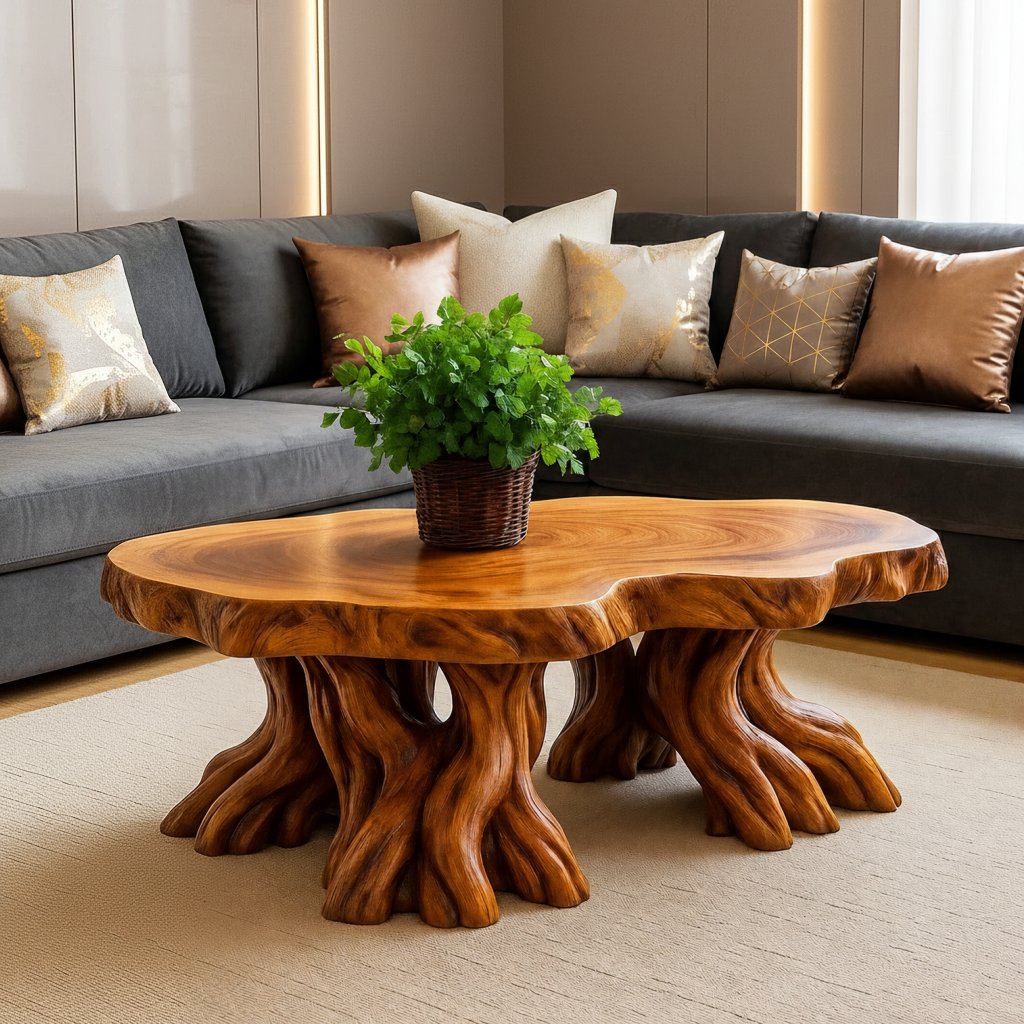 Solid Wood Live-Edge Coffee Table on Natural Root Base for Living Room