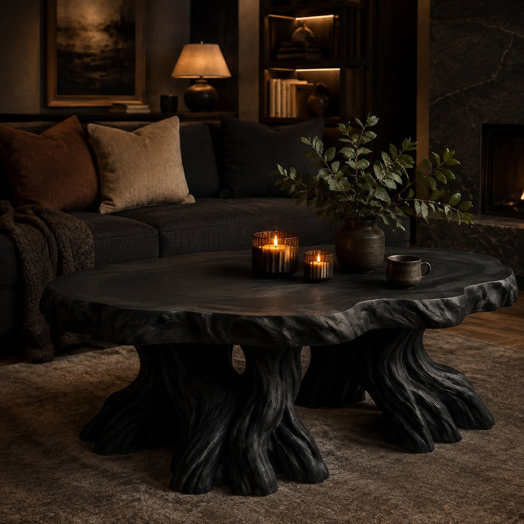 Solid Wood Live-Edge Coffee Table on Natural Root Base for Living Room