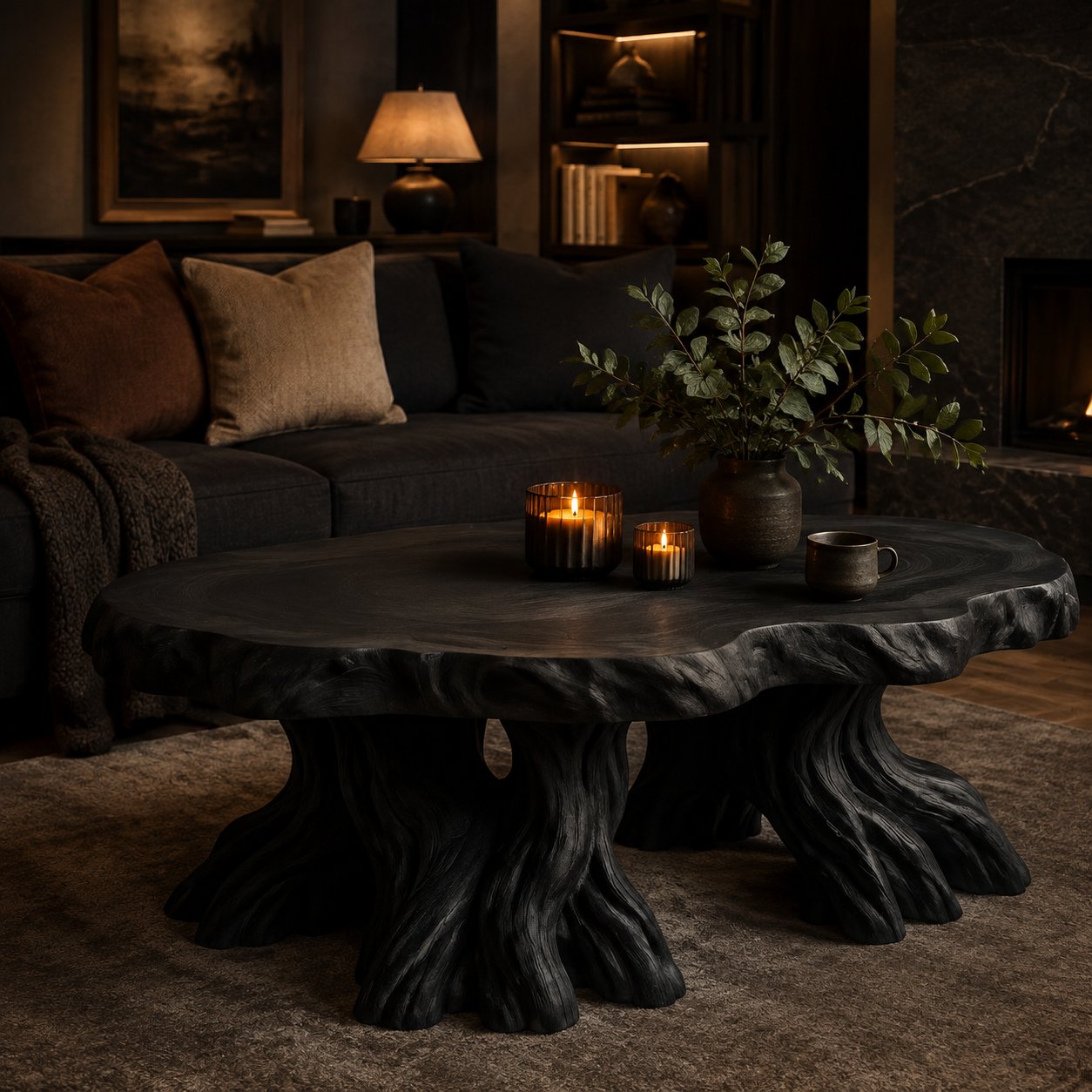 Solid Wood Live-Edge Coffee Table on Natural Root Base for Living Room