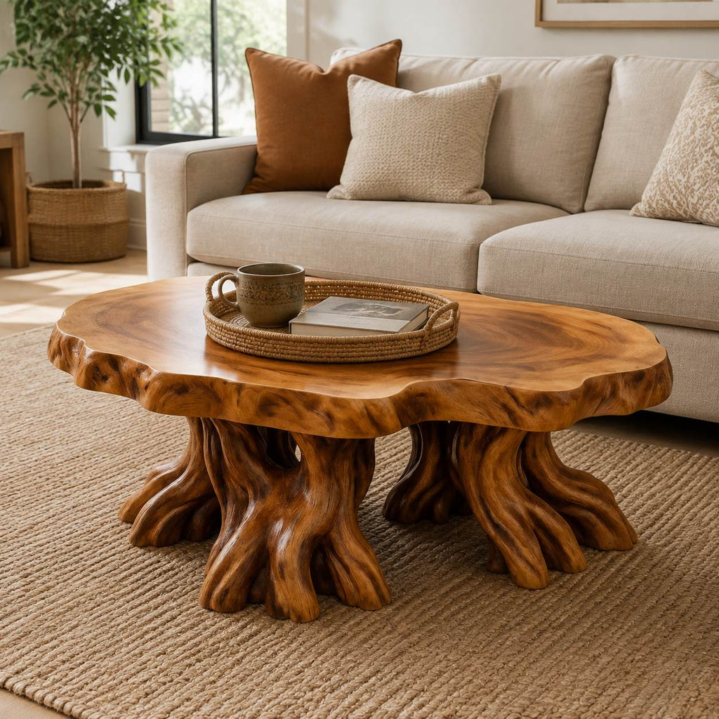 Solid Wood Live-Edge Coffee Table on Natural Root Base for Living Room