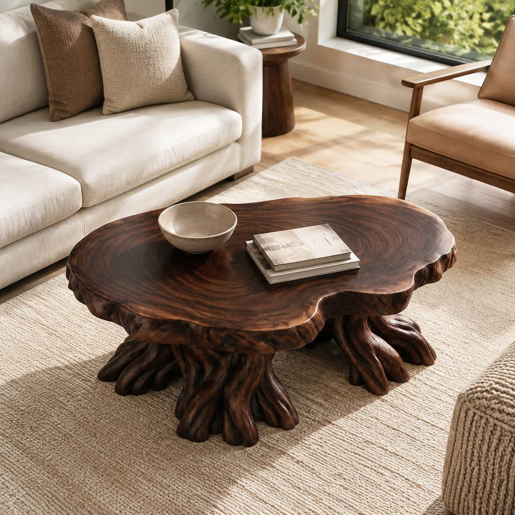 Solid Wood Live-Edge Coffee Table on Natural Root Base for Living Room