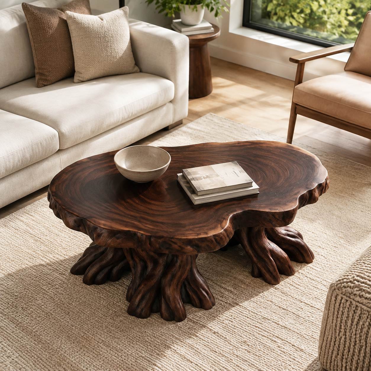 Solid Wood Live-Edge Coffee Table on Natural Root Base for Living Room