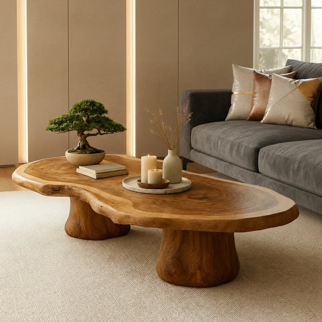Solid Wood Live-Edge Oval Coffee Table on Sculptural Root Base for Living Room