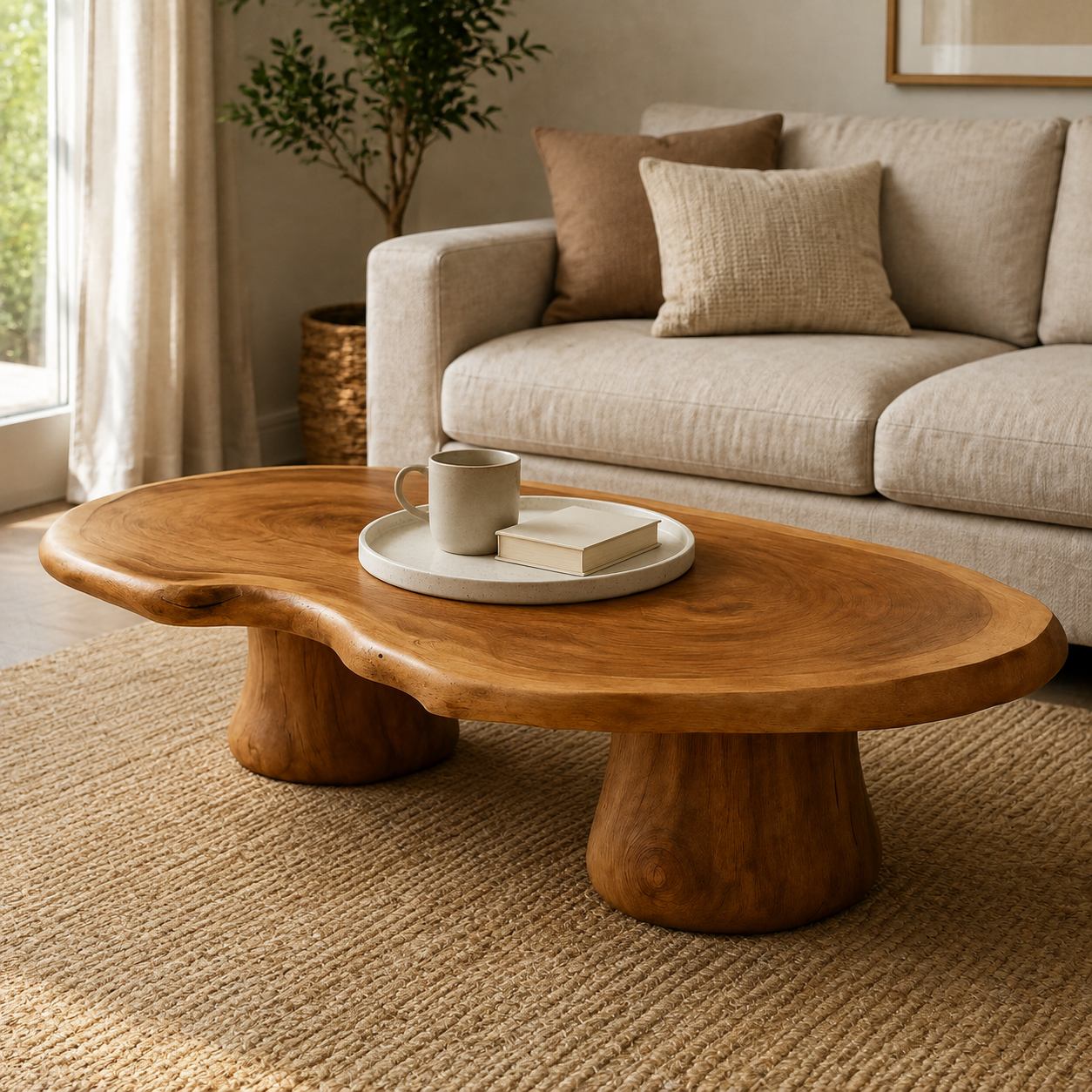 Solid Wood Live-Edge Oval Coffee Table on Sculptural Root Base for Living Room