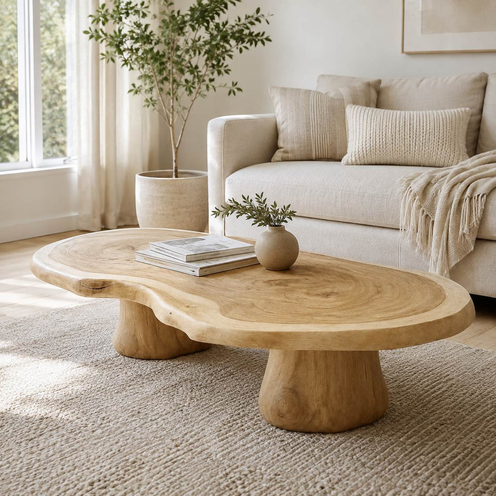 Solid Wood Live-Edge Oval Coffee Table on Sculptural Root Base for Living Room