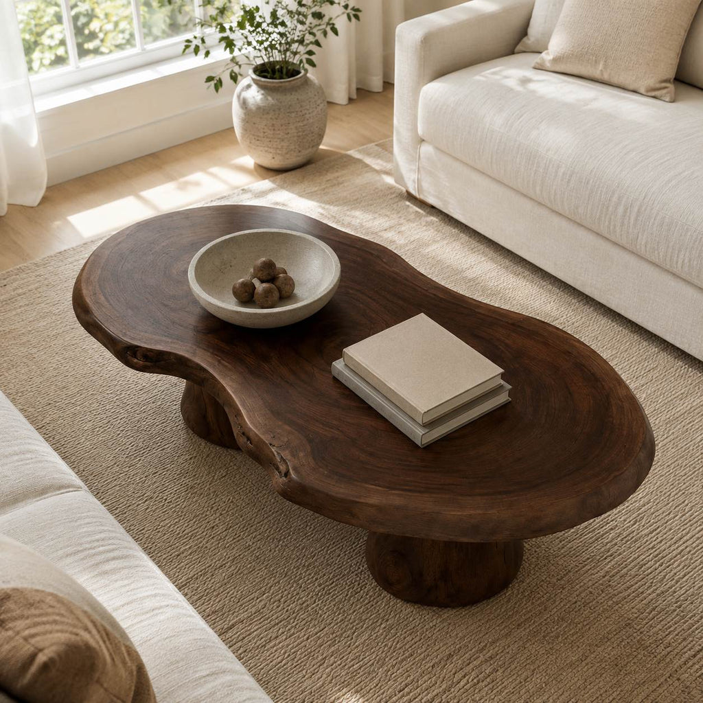 Solid Wood Live-Edge Oval Coffee Table on Sculptural Root Base for Living Room