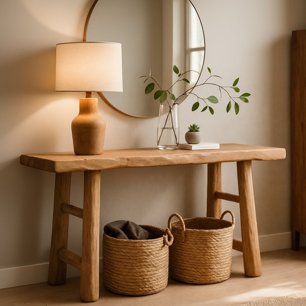 Solid Wood Live-Edge Console Table with Rustic Round Legs for Entryway Hallway