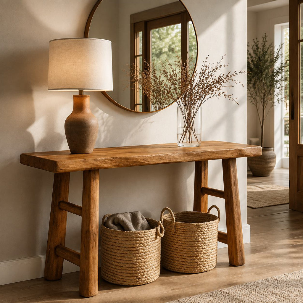 Solid Wood Live-Edge Console Table with Rustic Round Legs for Entryway Hallway