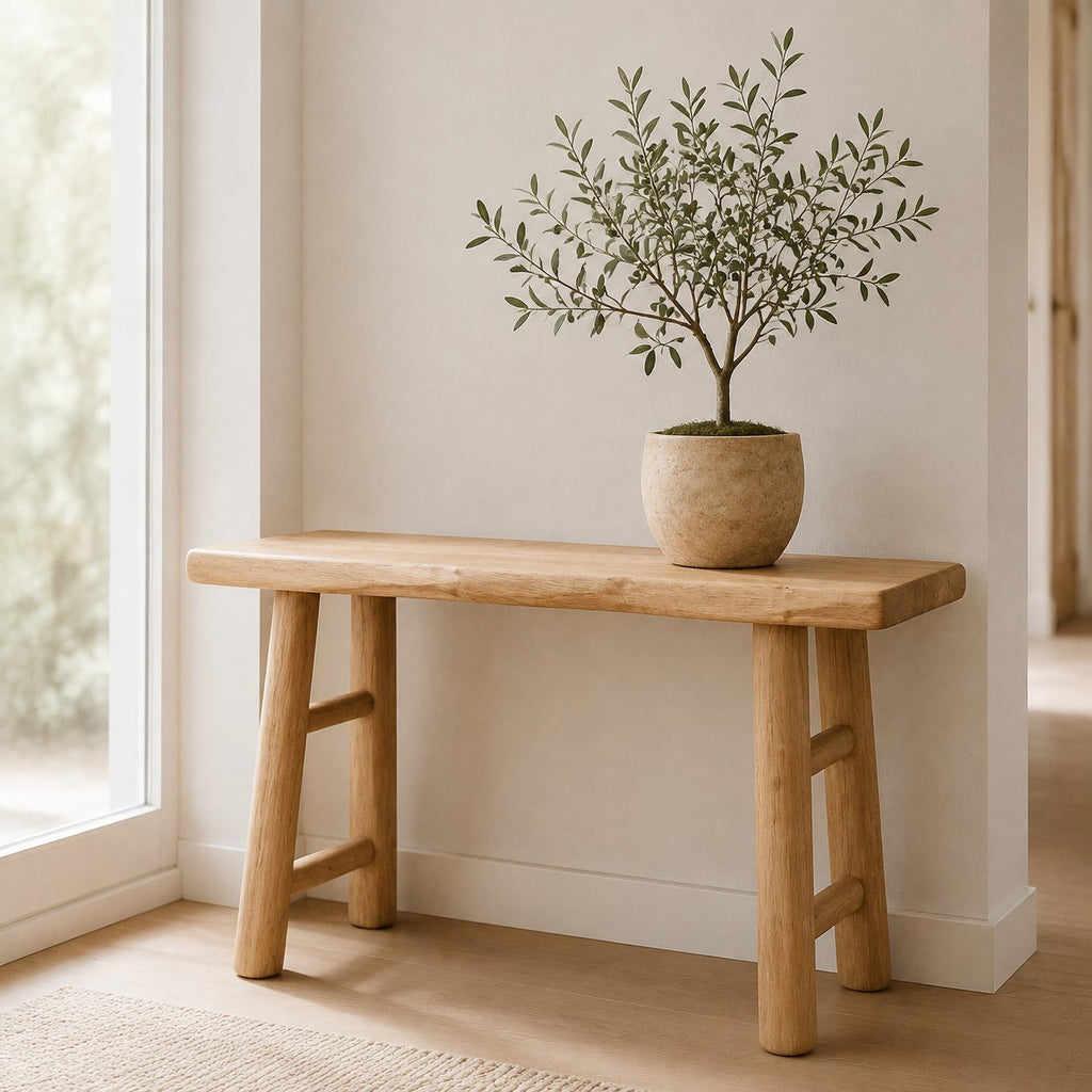 Solid Wood Live-Edge Console Table with Rustic Round Legs for Entryway Hallway